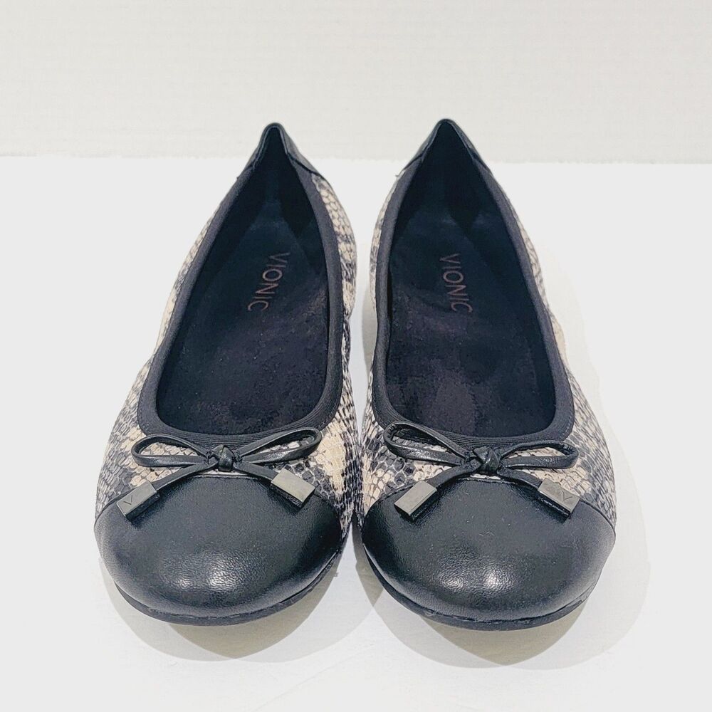 Vionic Minna Ballet Flats Women Sz 6 Snakeskin Cap Toe Natural Snake Black Shoes